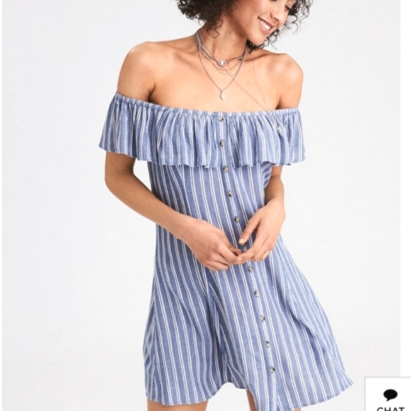 American Eagle Blue & White Pinstripe Off The Shoulder Dress Size Small - Picture 1 of 9